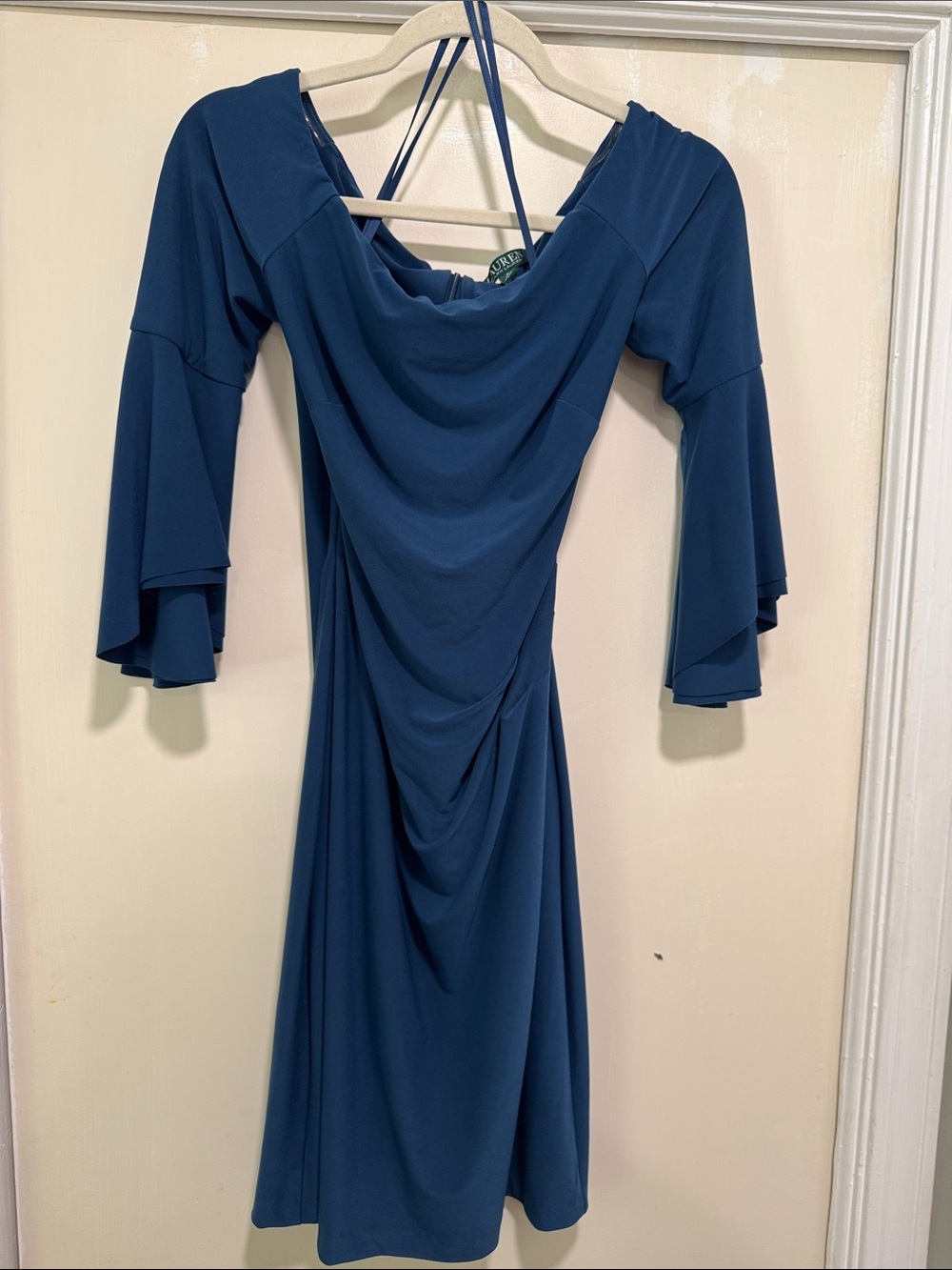 Ralph Lauren Teal Midi Dress with Draped Front and Bell Sleeves